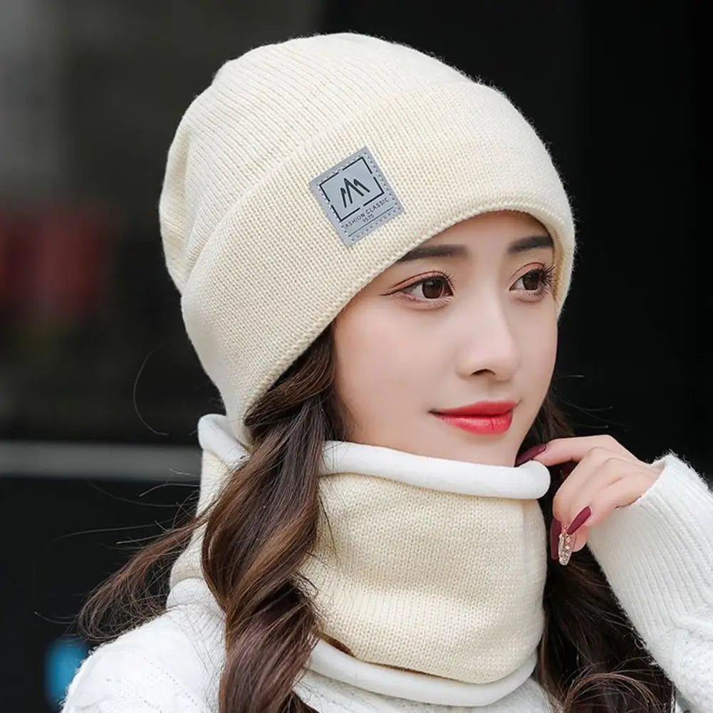 2 Pcs/Set Women Winter Hat Scarf Set Knitted Thickened Solid Color Warm Windproof Elastic Anti-slip Plush Cycling Neck Wrap Bean