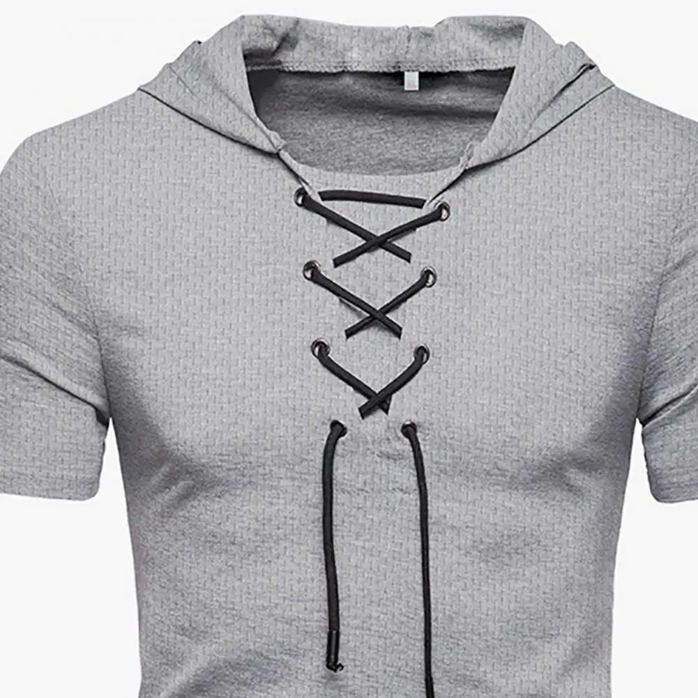 Hooded T Shirt Men 2022 New Short Sleeve Streetwear Pure Color Lace-up Breathable Casual Summer Top for Male Homme Top Tees