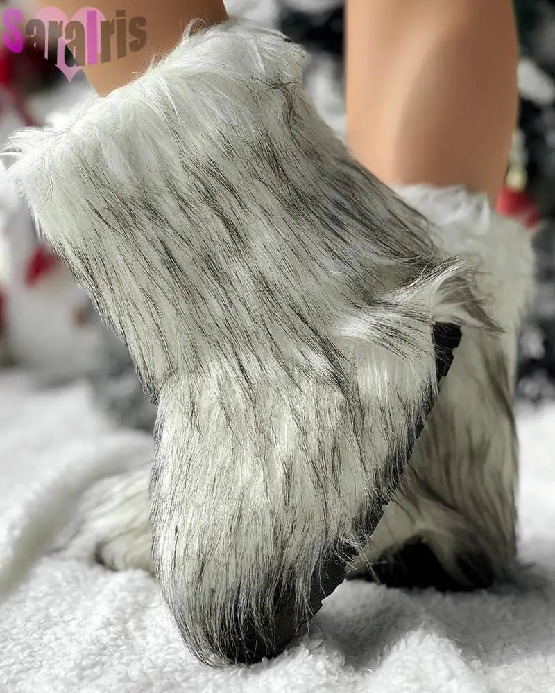 Women's Winter Fluffy Faux Fox Fur Short Boots Woman Plush Warm Snow Boots Luxury Footwear Girls' Furry Fur Bottes Fashion Shoes