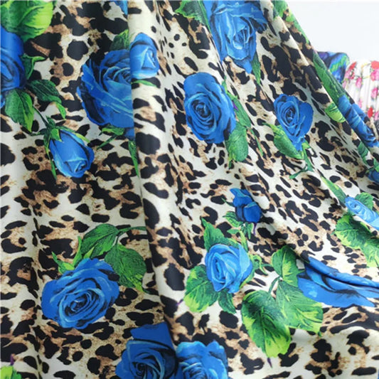 Good Brown Leopard Cotton/spandex Knit Fabric 4-Side Elastic Milk Silk Blue Rose Pattern Print Cloth  DIY Sew Dance Dress/Shirt