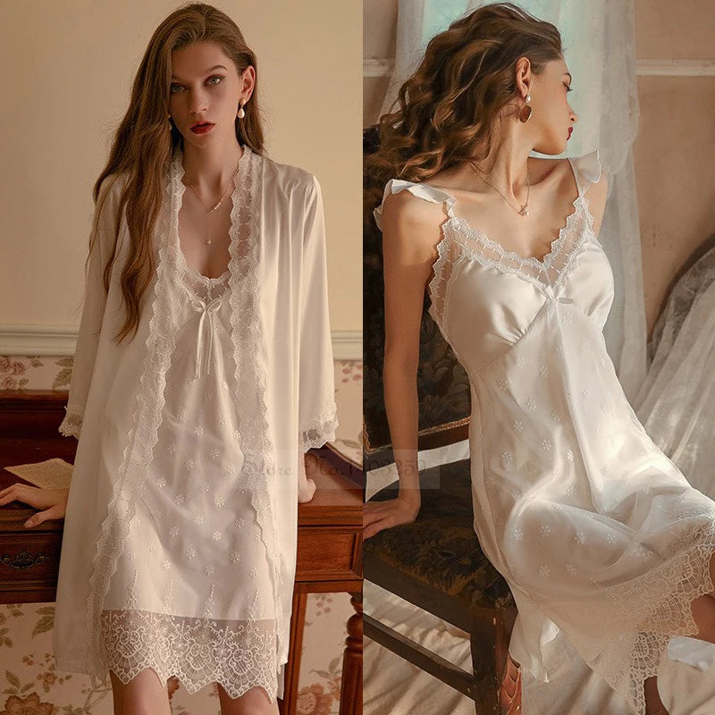 White Lace Bride Bridesmaid Wedding Robe Set Women Summer Sleepwear Kimono Bathrobe Gown Loose Casual Sleep Suit Sexy Home Dress