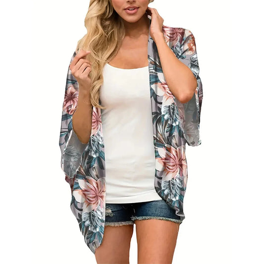 Women'S Summer Beach Kimono Cardigan Floral Print Chiffon Loose Top Bikini Cover Up Sexy Transparent Shawl Oversize Cardigan