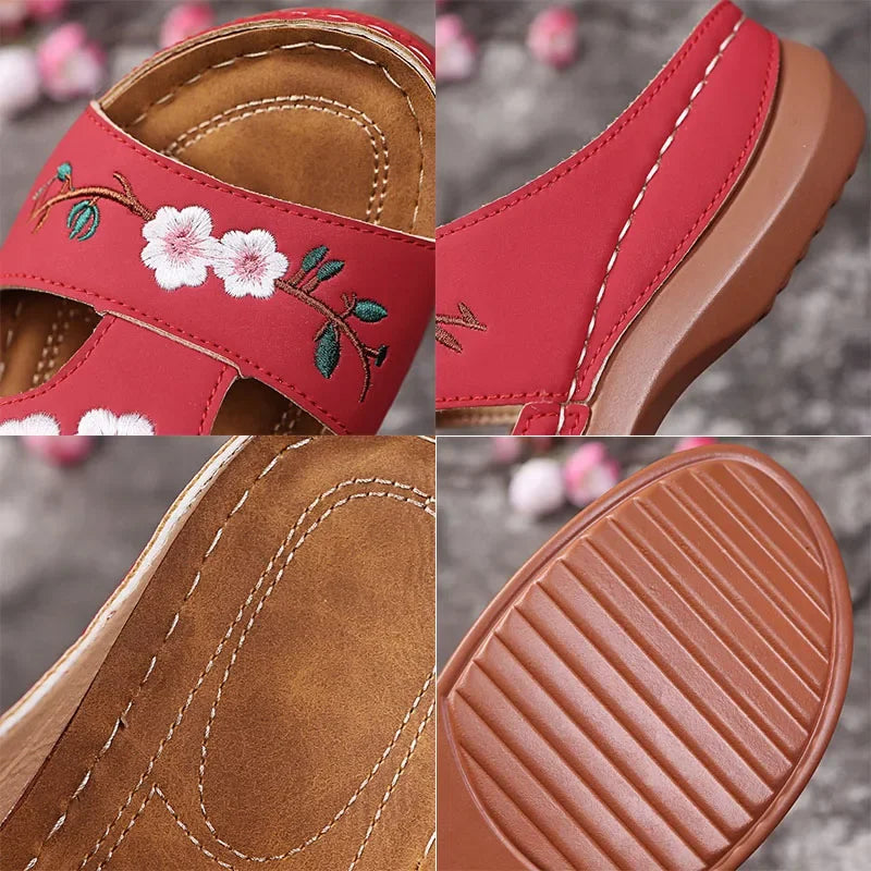 Women Slippers Embroider Flowers Leather Woman Sandals 2024 Outdoor Light Casual Wedges Slippers Slip on Summer Shoes for Women