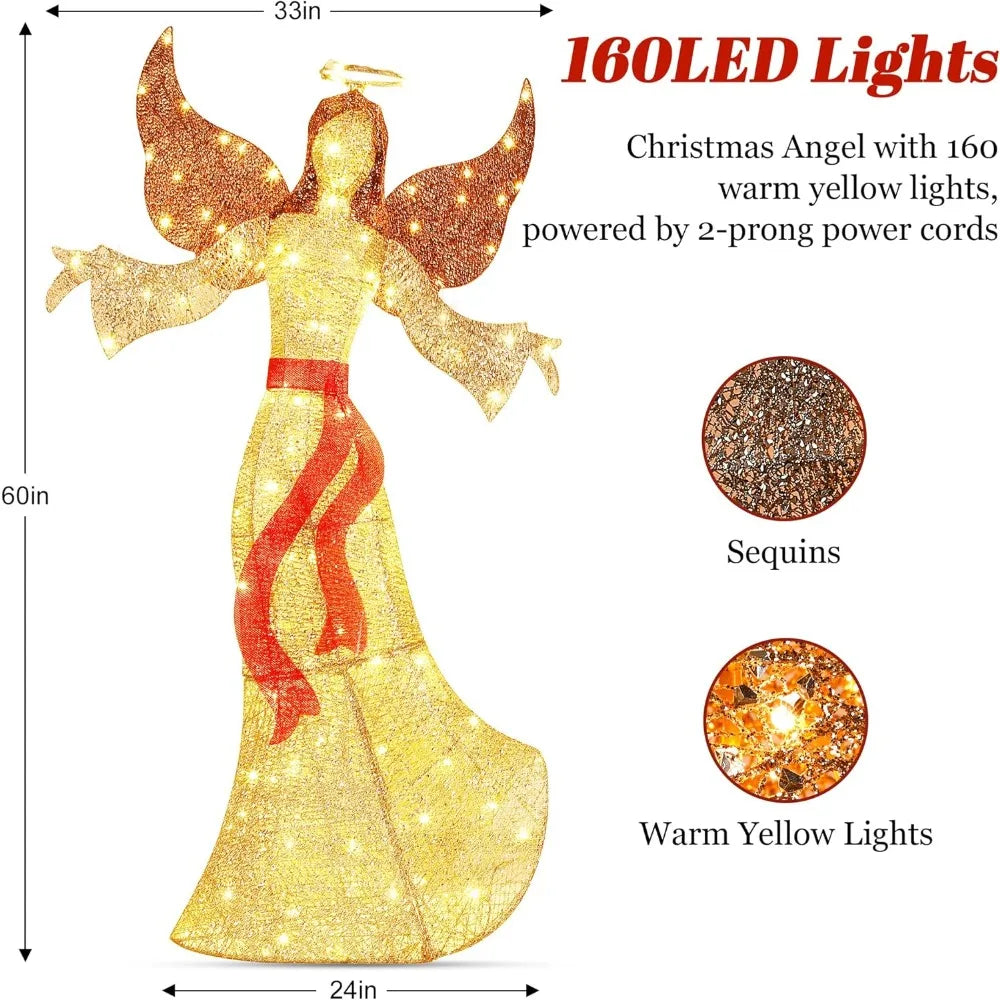 5FT Christmas Angel Outdoor Decorations, Large 3D Glittered Christmas Lighted Decor with 160 Warm LED Lights, Light up Christmas