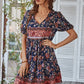 Floral Puff Sleeve Summer Dress Women Casual Loose Ruffle Boho Holiday Beach Sundress Green Vintage Elegant Lace-up Mini Dresses