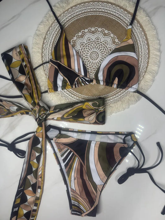 Women Swimsuit Split Swimsuit Bikini Striped Geometry Pattern One-Piece Swimsuit