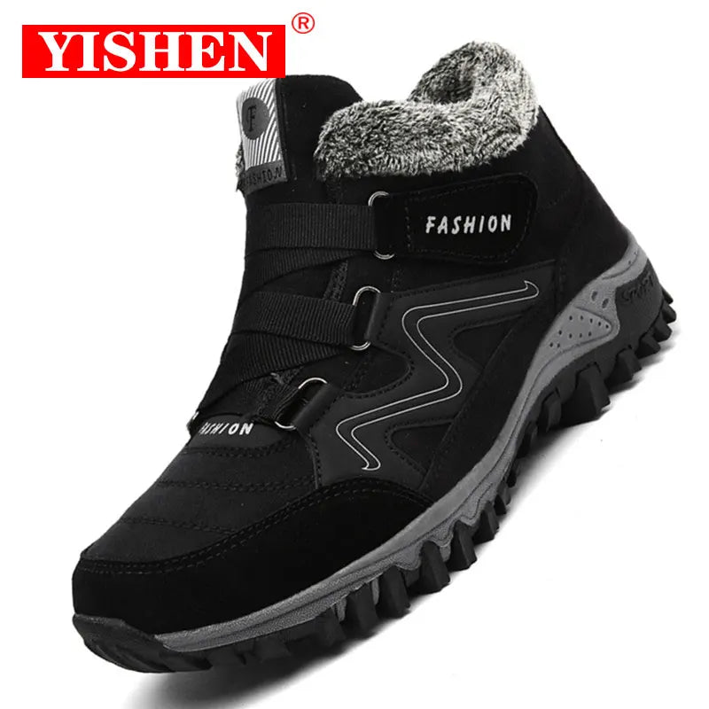 YISHEN Men Boots Snow Boots Winter Shoes For Men Suede Hiking Sneakers High Top Warm Plush Ankle Boots Bottes Pour Hommes Black