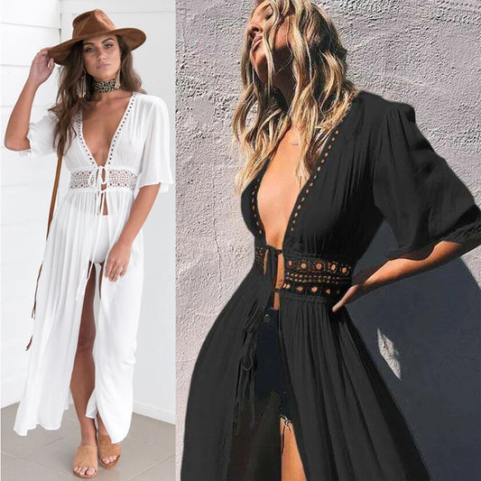 Women's Summer Dress 2024 Lady Lace Boho Beach Swimsuit Bikini Cover Up Lace-Up Long Blouse Hollow Out Sun Protection Cardigan