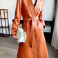 Leather Trench Coat for Women 2024 Orange V-neck Double Breasted Belt Lace Up Slim Warm Long Windbreaker Manteau Femme Hiver