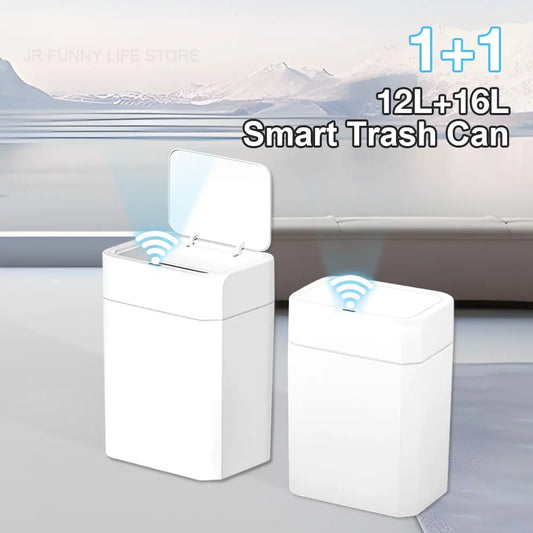 12L+16L Automatic Sensor Trash Can IPX4 Waterproof Bathroom Smart Trash Basket White Electric Toilet Wastebasket