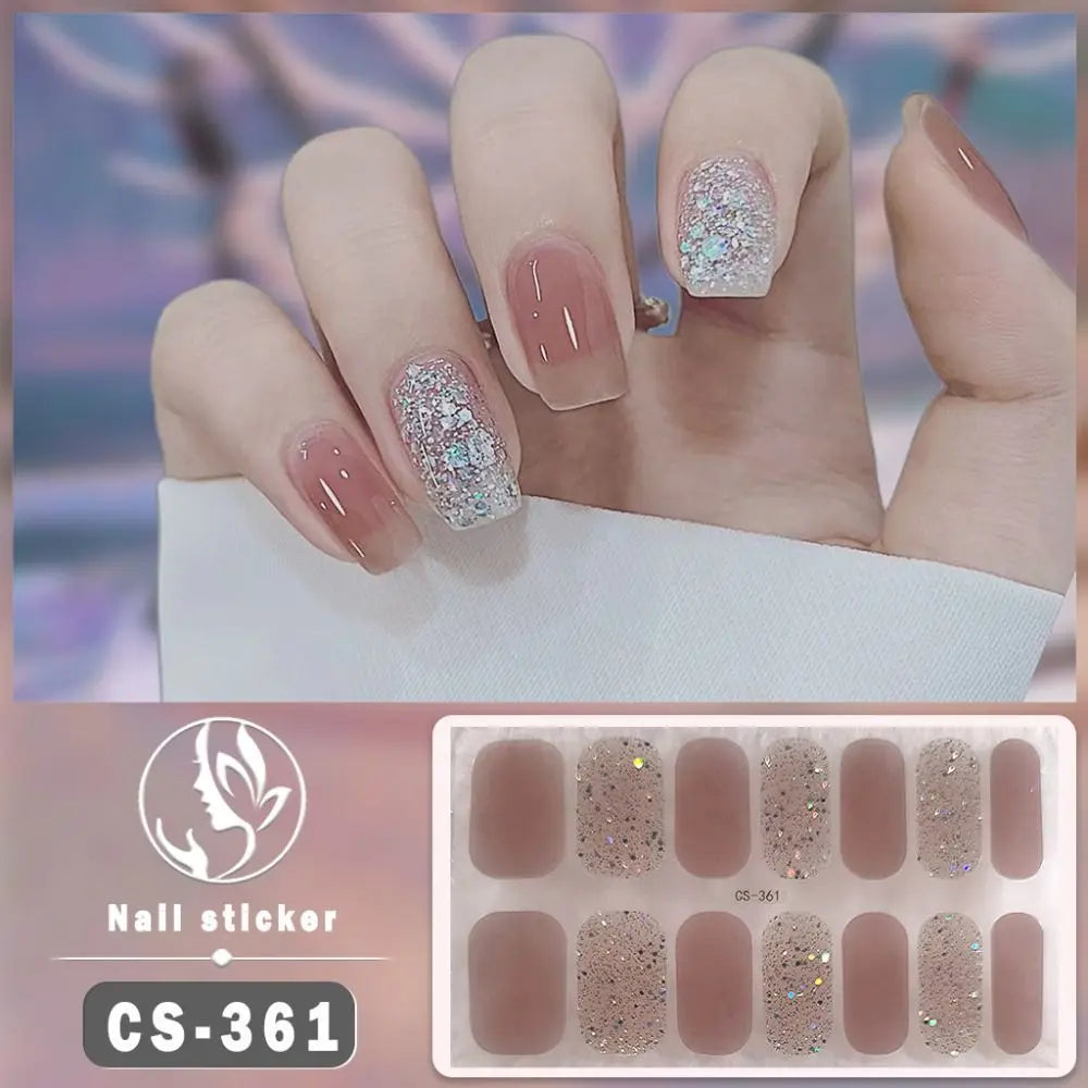 14Tips INS Trendy Foil Gel Nail Stickers Glittering Self-Adhesive Gel Full Nail Wraps Simple Gel Nail Decals DIY NAil Art Making