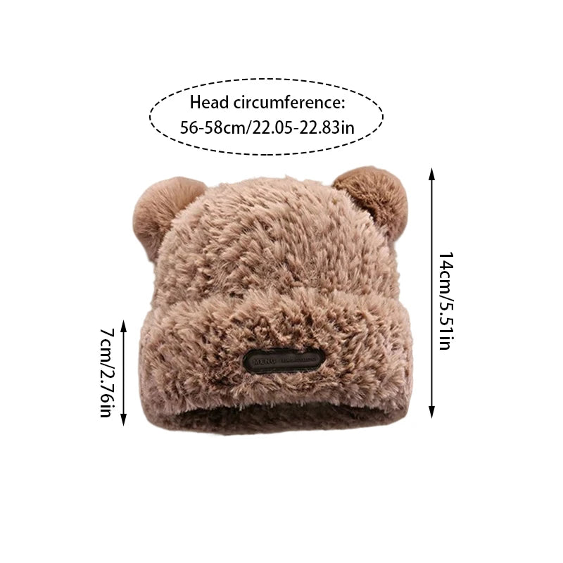 Korean Cute Little Bear Ears Plush Cap Women Autumn Winter Warm Ear Protection Hat All-match Casual Knitting Ski Beans Bonnet