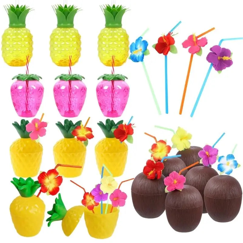 6/12pcs Summer Tropical Pineapple Coconut Drinking Plastic Cup Summer Beach Pool Hawaii Luau Birthday Party Decoration straw cup