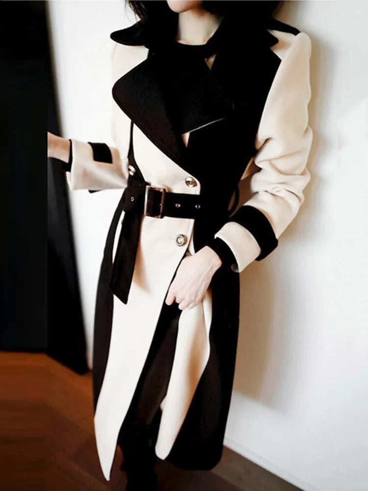 DEAT Woman Trench Coat Color Block With Belt Notched Full Sleeve Elegant High Street Style 2024 New Autumn Fashion 15TT172