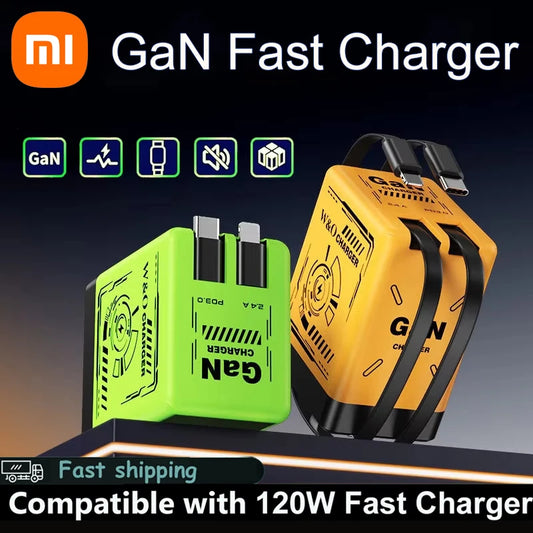 XIAOMI GaN Charger Compatible with 120W Fast Charger Retractable Type-C ligting Cable Portable Adapter For iPhone iPad Samsung