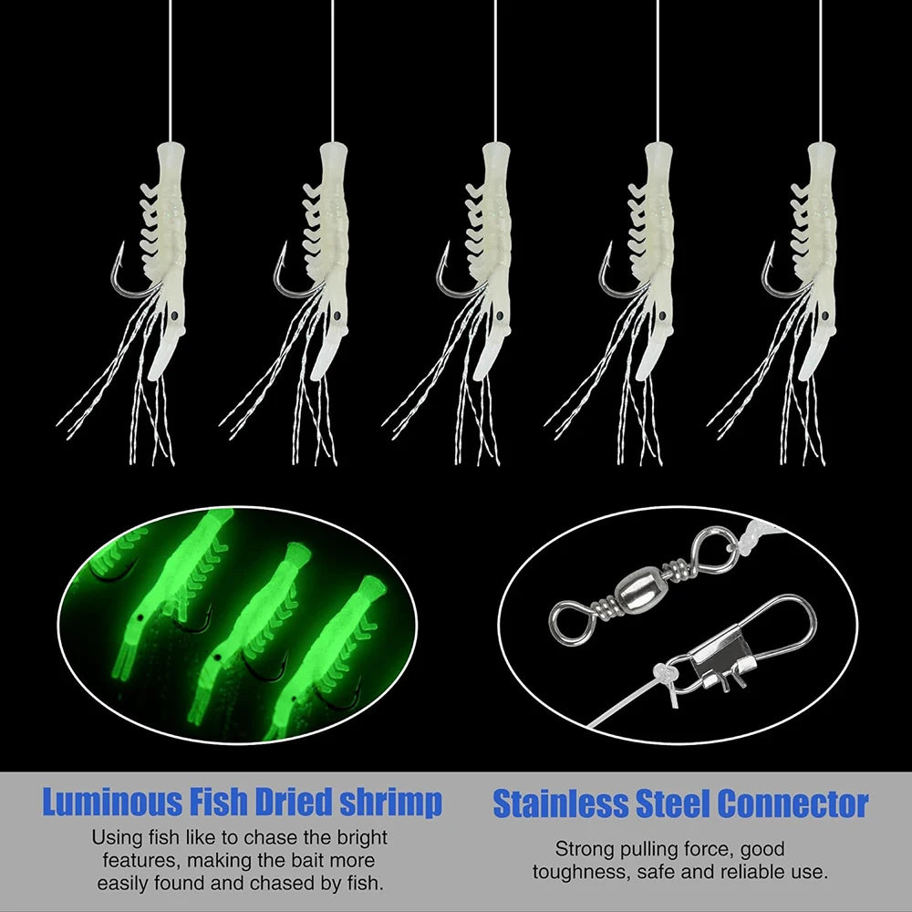 15Pcs=3Packs Saltwater Luminous Shrimp Fishing Live Bait Rigs Small fish Fishing Lure Glow Mackerel Trout fishing hook rigs