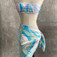 Women Swimsuit Split Swimsuit Bikini Striped Geometry Pattern One-Piece Swimsuit