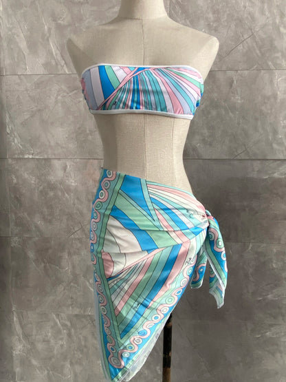 Women Swimsuit Split Swimsuit Bikini Striped Geometry Pattern One-Piece Swimsuit
