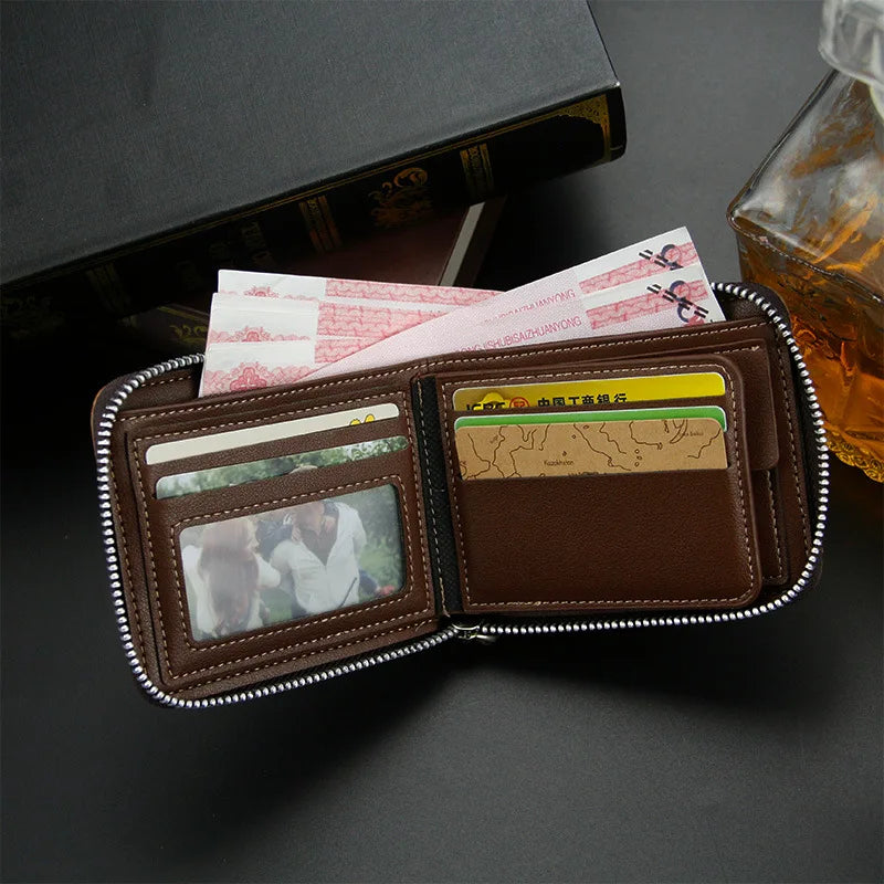 Genuine Leather Men Wallets Premium Product Real Cowhide Wallets for Man Short Black Walet Portefeuille Homme Business Zipper