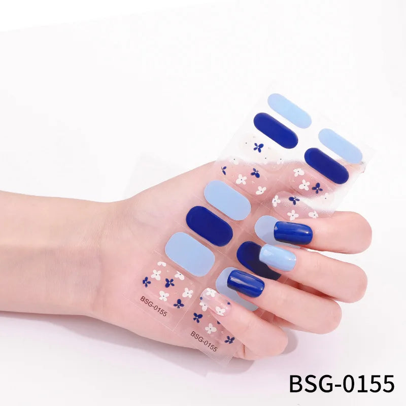 16 Strips Semi-cured Gel Nail Art Stickers 3D Hot Stamping Phototherapy Long Lasting Manicure Stickers Full Cover Nail Charms