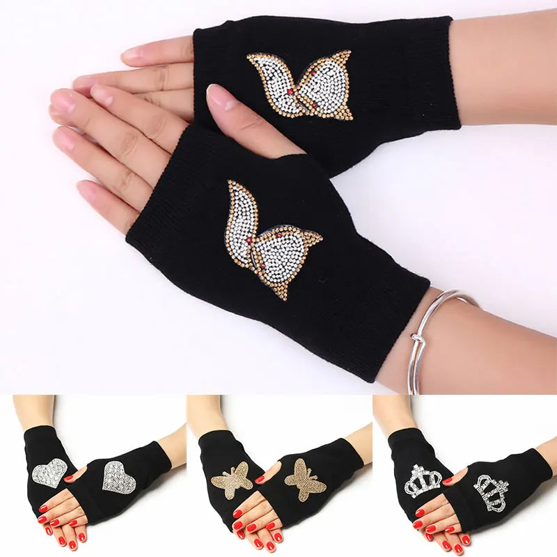 Fingerless Gloves For Women Black Colour Animals Pattern Rose Embroidery Half Finger Gloves Winter Warm Gloves