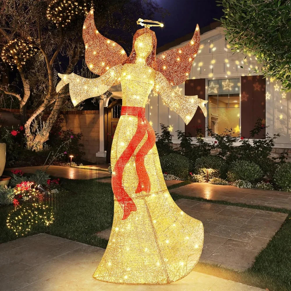 5FT Christmas Angel Outdoor Decorations, Large 3D Glittered Christmas Lighted Decor with 160 Warm LED Lights, Light up Christmas