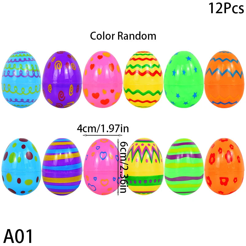 12Pcs Colorful Print Fillable Plastic Easter Eggs DIY Candy Gift Boxes Children's Toys Baby Shower Kids Favors Easter Empty Eggs