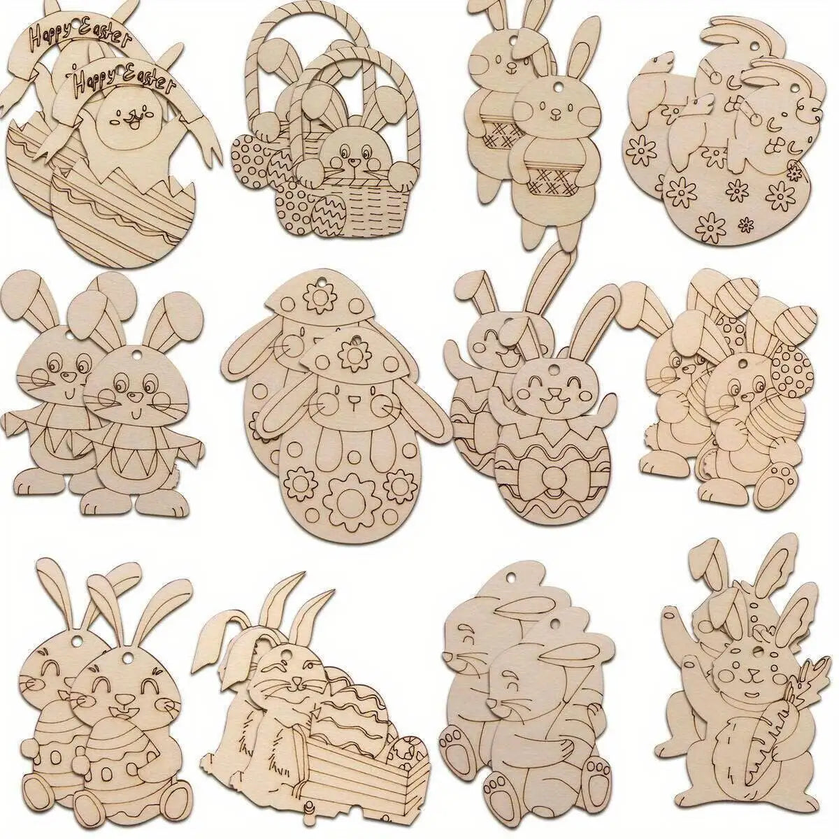 12PCS Wooden Rabbit Slice Ornament Carton Egg Bunny DIY Painting Hanging Pendants For Happy Easter Spring Party Decorations