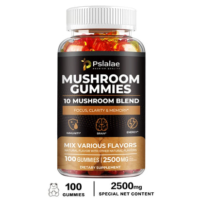 Mushroom Gummies - 10 Mushroom Blend - Natural Stress & Mood Support, Enhance Brain, Memory & Focus, Immune