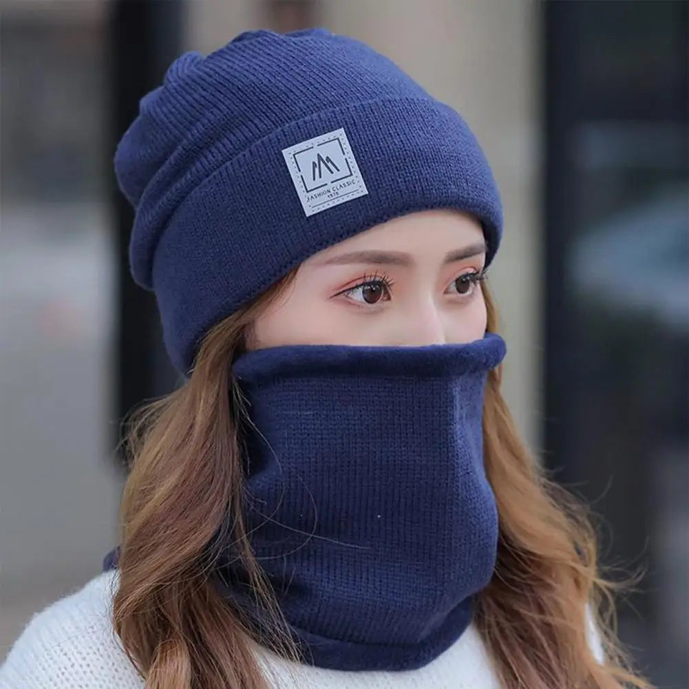 2 Pcs/Set Women Winter Hat Scarf Set Knitted Thickened Solid Color Warm Windproof Elastic Anti-slip Plush Cycling Neck Wrap Bean