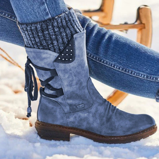 Western Boots Women Winter Vintage Thick Bottom Plus Size Fleece Outdoor Non-Slip Travel Knitted High Snow Boots Botte Femme