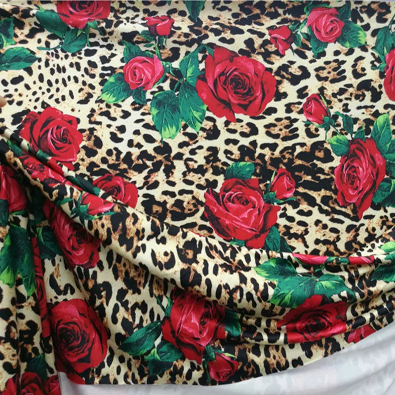 Good Brown Leopard 4 Side Stretch Knitted Cotton Fabric for Dress Red Rose Print Fabric Diy Sewing Sexy Dance Costume/Leggings