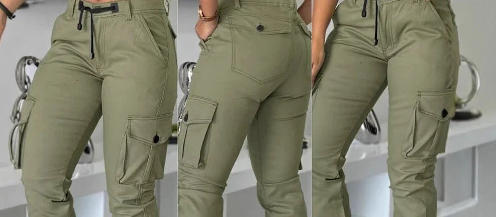 Women High Waist Multiple Pockets Design Cuffed Cargo Pants Slim Fit Trousers Pants Y2K