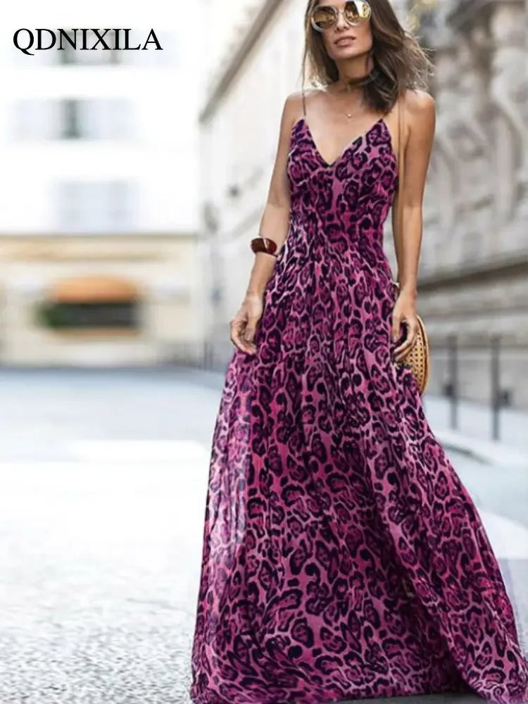 Dresses for Women 2024 New in Summer Dress Fashion and Sexy Leopard Print V-neck Suspender Long Dresses Elegant Party Dresses