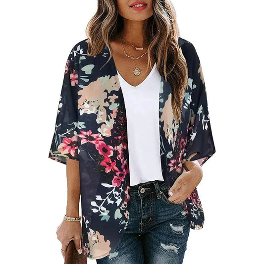 Women'S Summer Beach Kimono Cardigan Floral Print Chiffon Loose Top Bikini Cover Up Sexy Transparent Shawl Oversize Cardigan