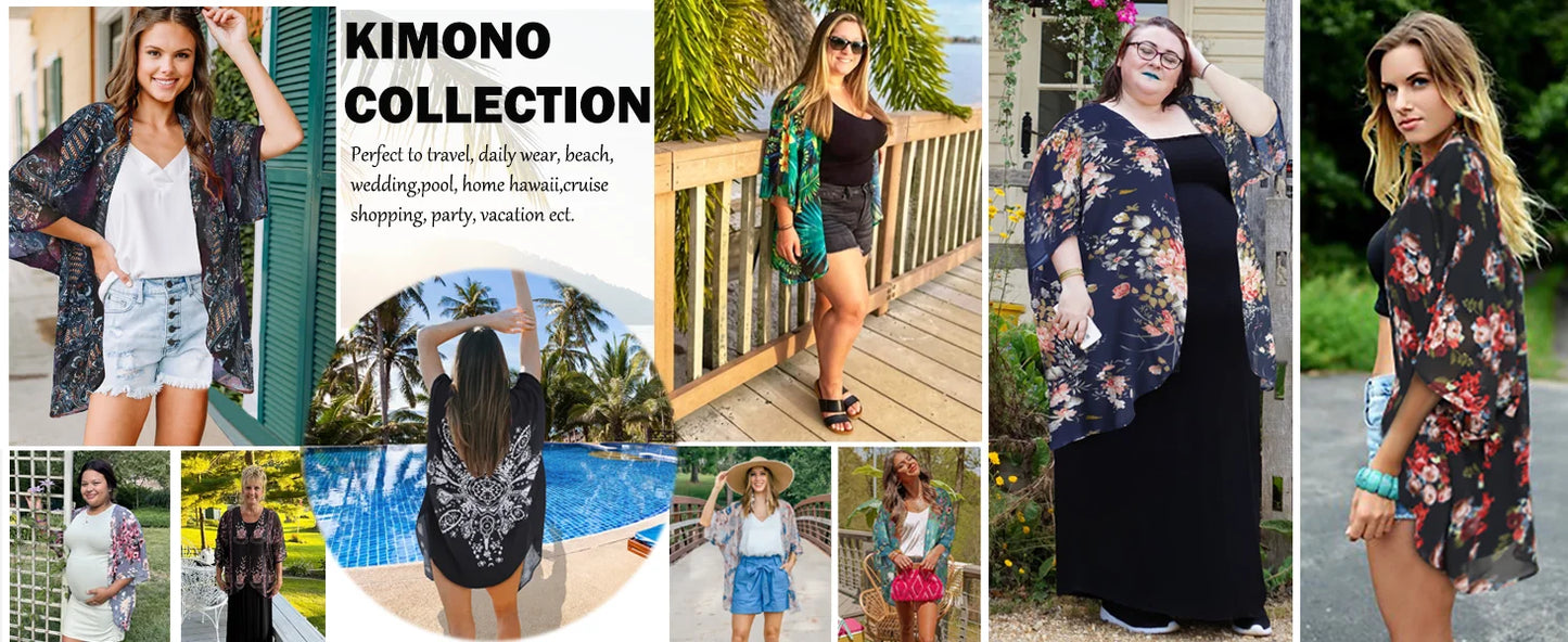 Women'S Summer Beach Kimono Cardigan Floral Print Chiffon Loose Top Bikini Cover Up Sexy Transparent Shawl Oversize Cardigan