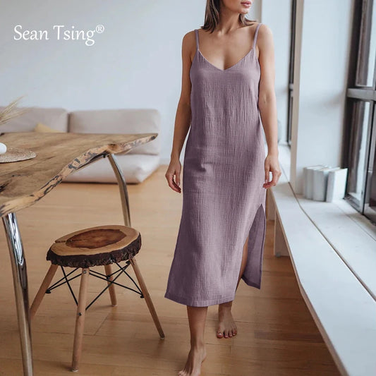 100% Cotton Woman's Dresses Sexy Spaghetti Strap Sleeveless Open Side Sundress Summer Long Maxi Female Dress vestidos para mujer
