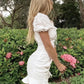 Lace up embriodery white summer dress women hollow out beach short dress puff sleeve ruffle ruched bodycon mini dress vestidos