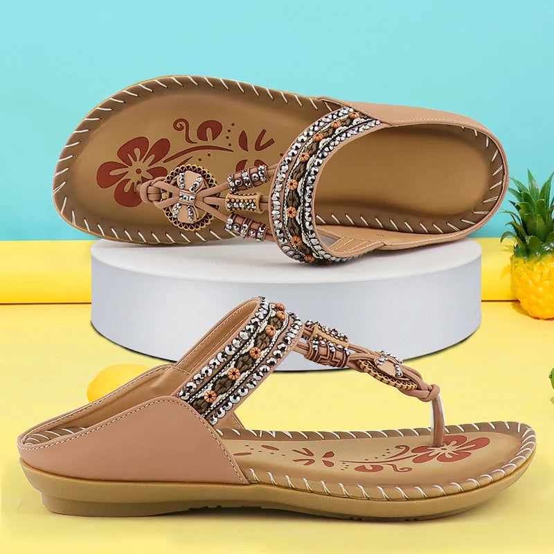 Women Flip Flop Soft Print Rhinestone Roman Luxury Summer Slippers for Women Designer Slides Retro Female Sandals Ladies 2022