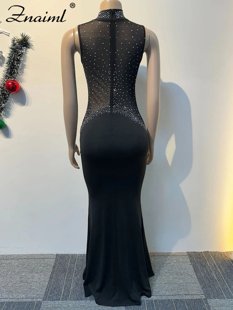 Znaiml Elegant Celebrities Evening Maxi Dress Women's Black Mesh Rhinestones Crystal Birthday Party Trumpet Mermaid Robe Luxury