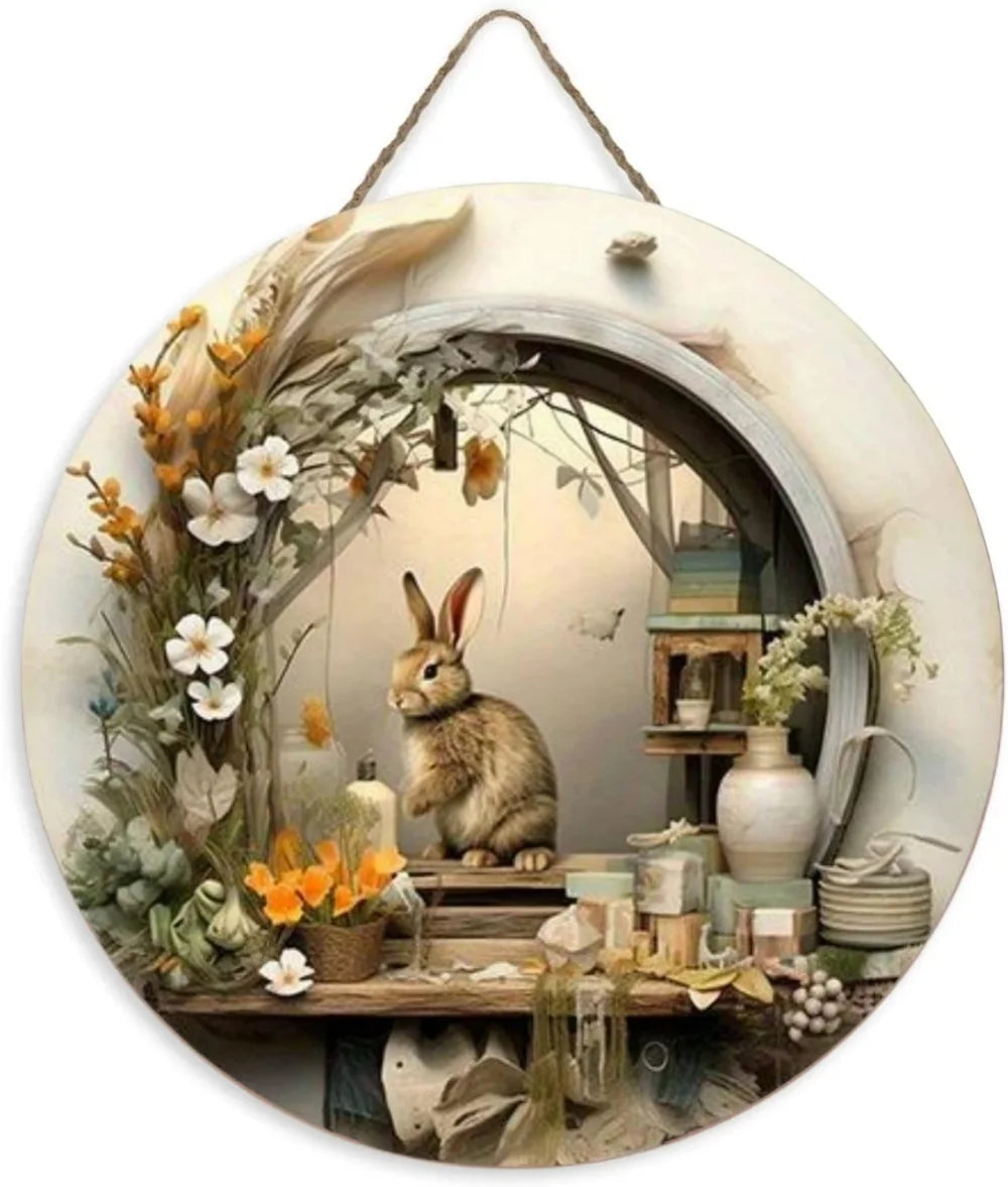 Round Wooden Sign Easter Bunny Art Logo Decoration, Suitable for Bar Home Living Room Room Courtyard Wall Decoration