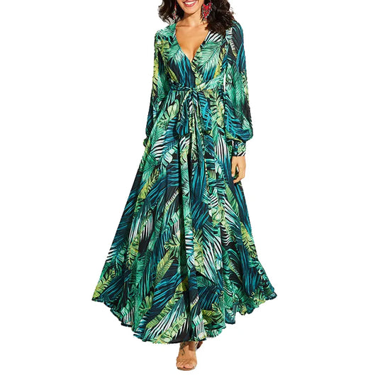 AECU Vestido Floral Print Boho Maxi Dress Sexy Lady Bohemian Autumn Long Dress Women Beach Dresses Female Robes party dresses