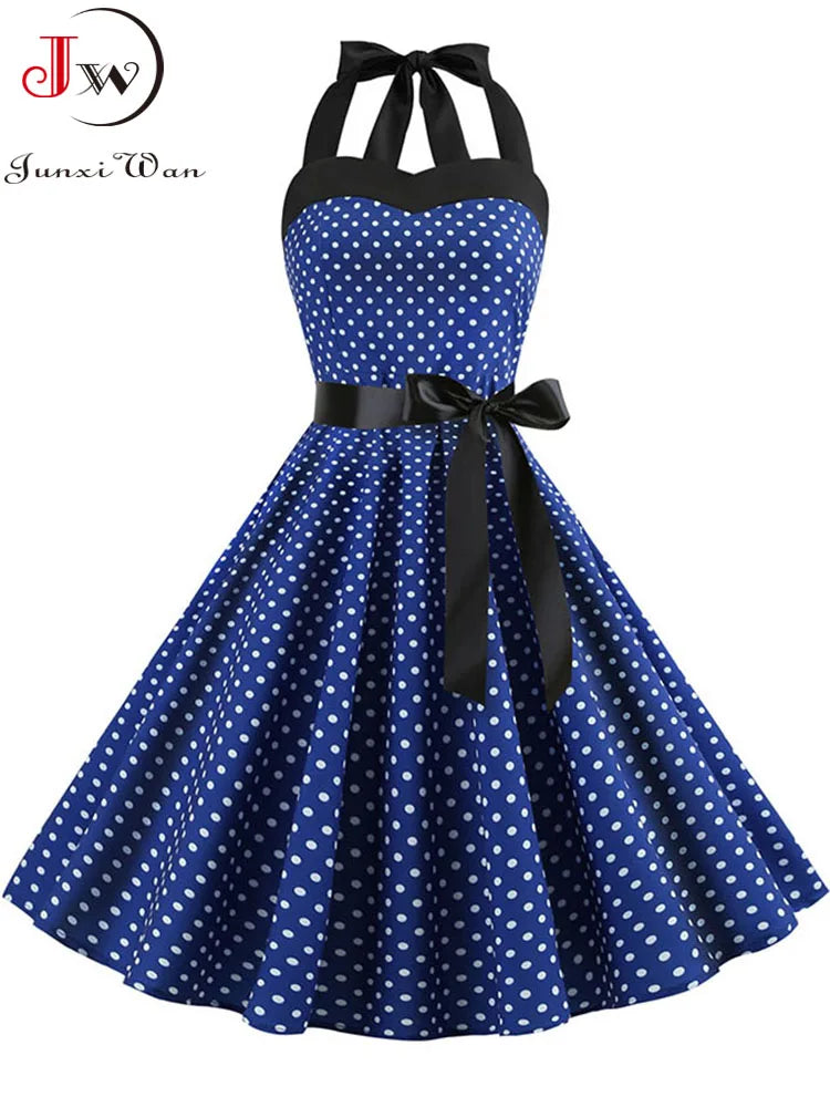 Women Polka Dot Print Summer Dress Sexy Retro White Halter Vintage Dress Robe Femme Pin Up Rockabilly Party Dress