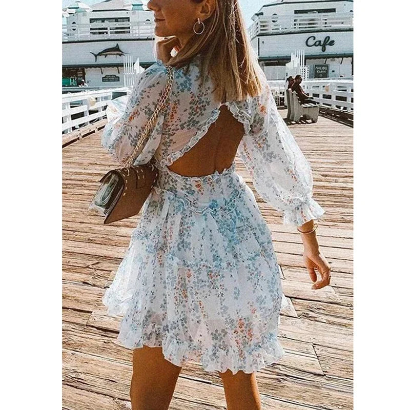 BOHO INSPIRED Harlow Floral Print Ruffle Dress women backless V-neck dress women mini summer dress ladies 2024 party dresses