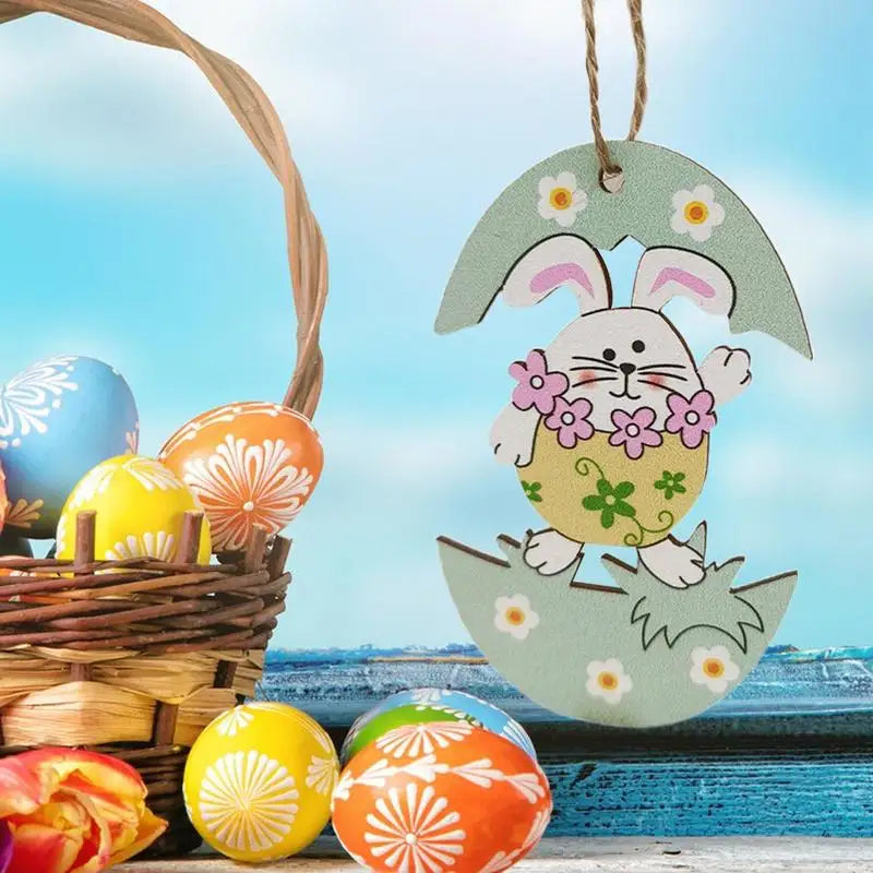 Wooden Easter Bunny Pendant Easter Egg Bunny Hanging Ornaments Lovely Rabbit Flat Hanger Colorful Easter Wall Art For Front