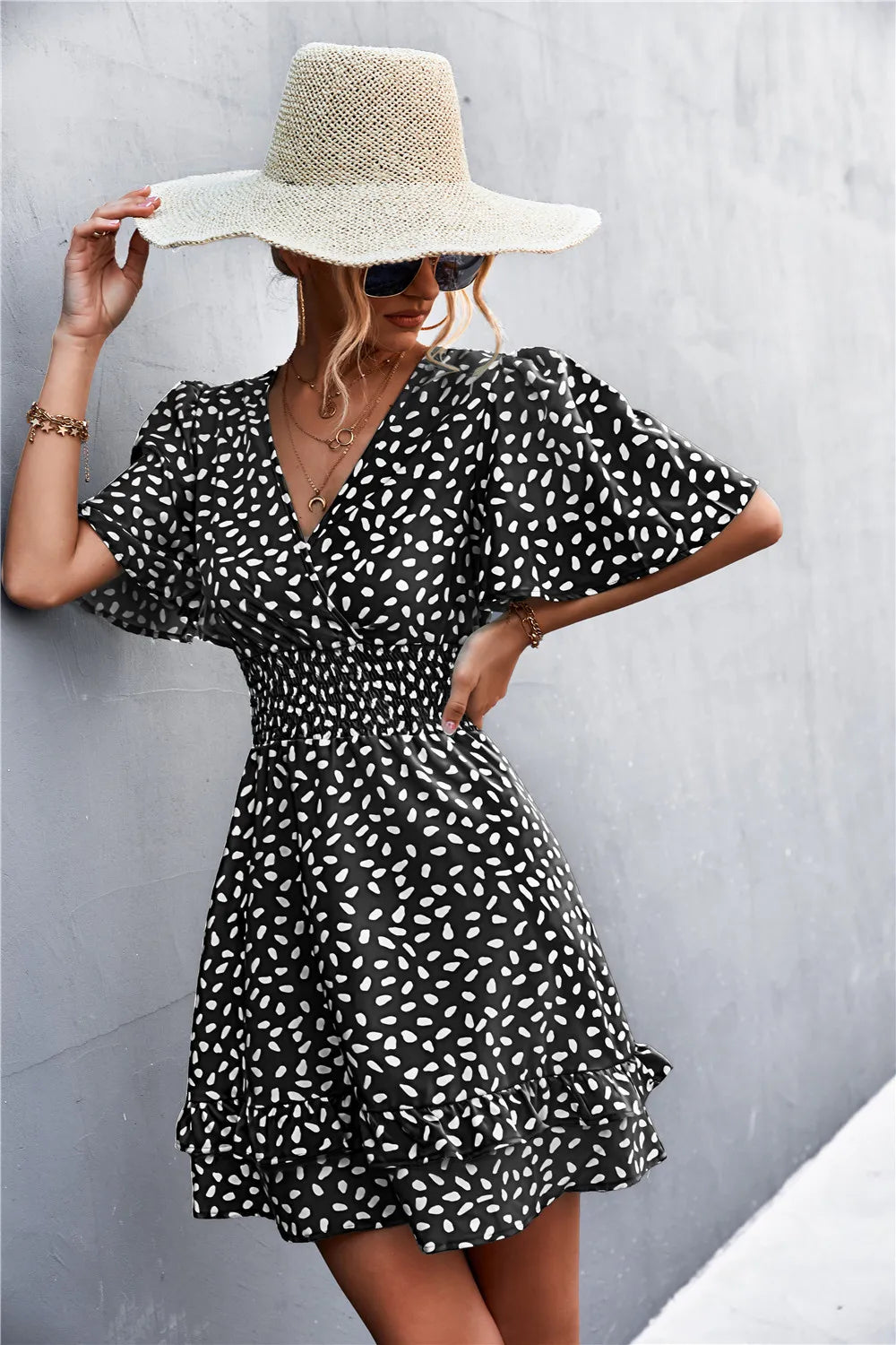 Women Dot Pattern Dress V-neck Ruffle Sleeve Dress Casual Street Sexy Style Dress Waist Wrap Dress Women Summer Dress