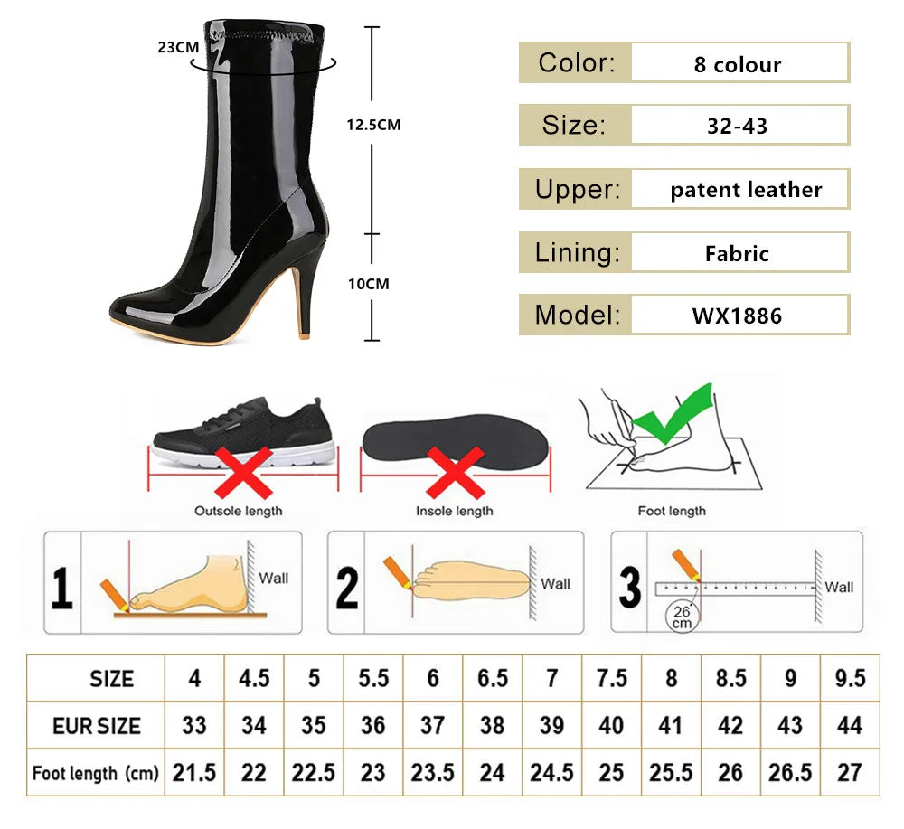 2023 New Spring Autumn Socks Women Boots Fashion Patent Leather Stretch Cloth Ankle Botte Pointed Toe Zapatillas Mujer Shoes