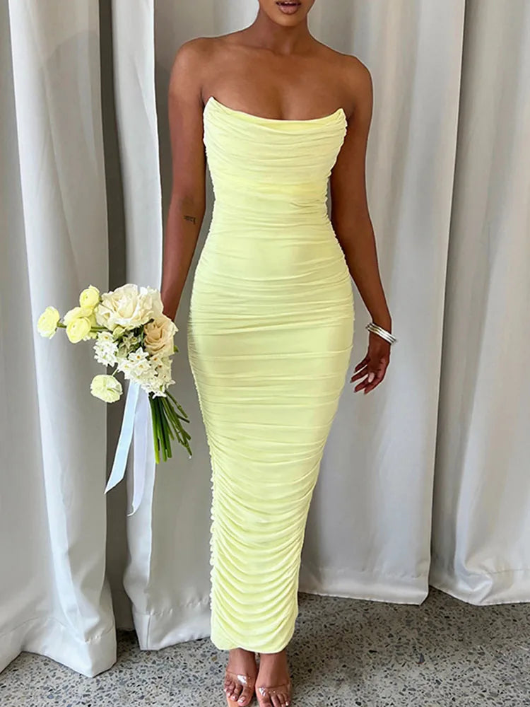 Cryptographic Sexy Strapless Sleeveless Ruched Bodycon Maxi Dress for Women Elegant Fashion Outfits Christmas Party Club Dresses