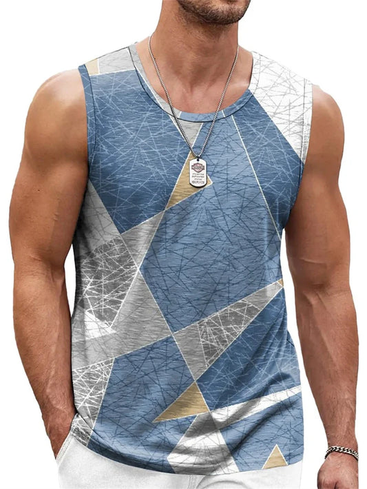 Retro Geometric Graphic Tank Tops For Men Casual Summer Sleeveless 3D Printed Vest Loose Quick Dry Breathable Tees Pullovers