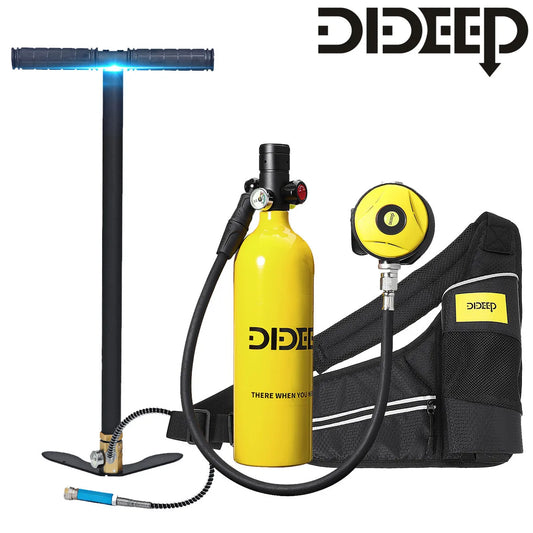 DIDEEP 1L Mini Scuba Diving Cylinder Oxygen Tank Set Dive Respirator Air Tank Hand Pump for Snorkeling Breath Diving Equipment